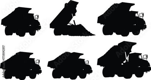 Six dump truck silhouettes showing resting and raised dump beds, unloading material with hydraulic arms, heavy vehicle profiles, construction site operation, industrial logistics