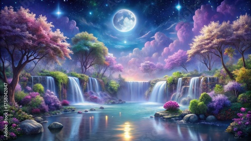 Serene Waterfall Paradise A Dreamlike Landscape with Blooming Trees, Cascading Water, and a Full Moon in a Starlit Sky