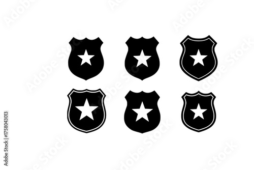 Four black and white police badge icons with a star inside each shield shape in a vector graphic
