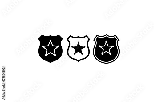 Four black and white police badge icons with a star inside each shield shape in a vector graphic
