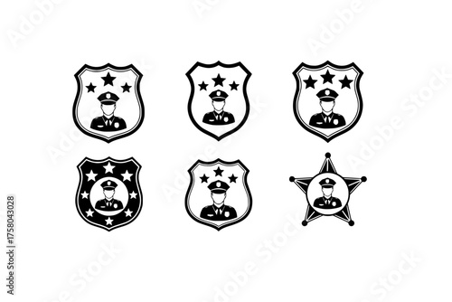 Four police badge icons featuring officer silhouettes with stars in a black and white vector graphic design