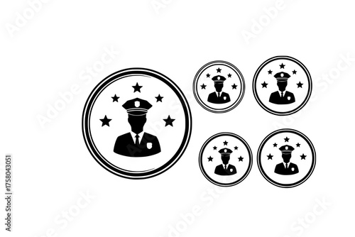 Four police badge icons featuring officer silhouettes with stars in a black and white vector graphic design
