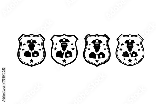 Four police badge icons featuring officer silhouettes with stars in a black and white vector graphic design