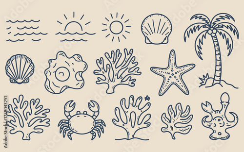 A Collection of Minimalist Sea Life and Tropical Elements Vector Icons