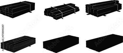  Stacked lumber silhouette set, wooden plank bundle icons, black vector illustration, construction material graphics, carpentry supply visuals, timber storage symbols, industrial wood design