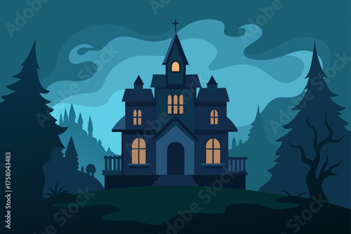 ghostly mist around old mansion