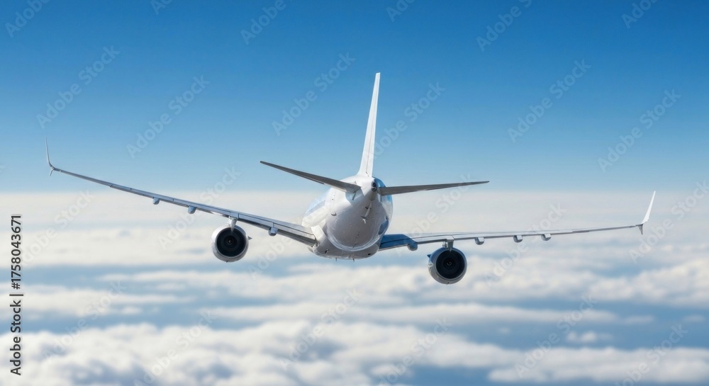 Obraz premium White jet plane soars above fluffy clouds