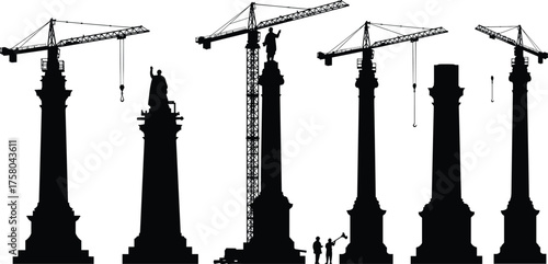  Statue construction, crane lifting, monument installation, workers silhouette, pedestal stages, urban development, vector illustration, historical change, black and white icon set