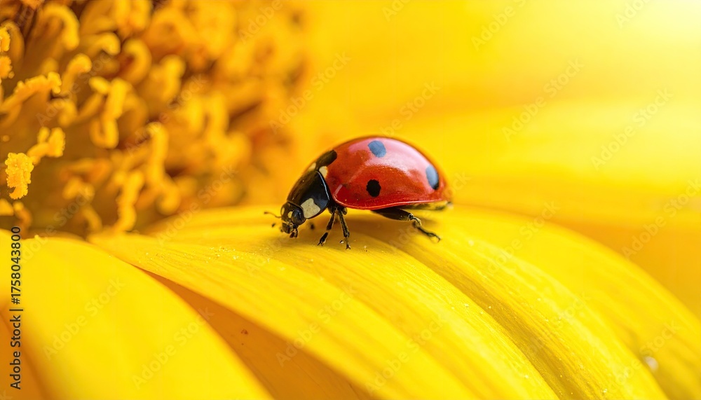 Fototapeta premium Macro Photography of a Ladybug on a Bright Yellow Flower Petal Bathed in Warm Sunlight