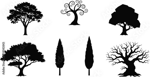Tree silhouette vector illustration, diverse forest design with oak cypress twisted branches, abstract nature art, seasonal foliage concept, decorative botanical elements, creative inspiration