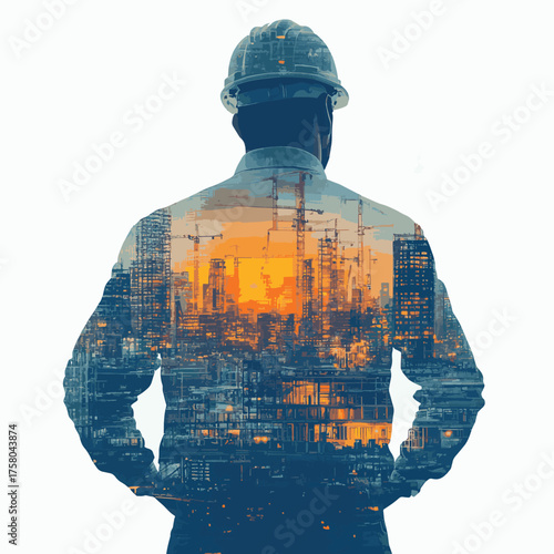 rear view of professional engineer manager standing concentrate focus multi exposure with building construction industry background construstion engineer concept