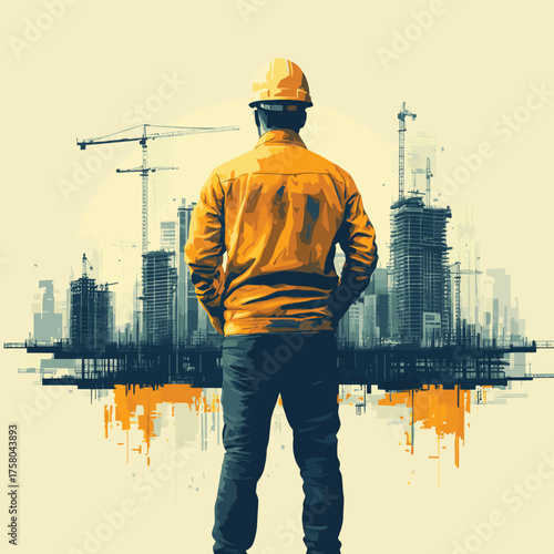 rear view of professional engineer manager standing concentrate focus multi exposure with building construction industry background construstion engineer concept