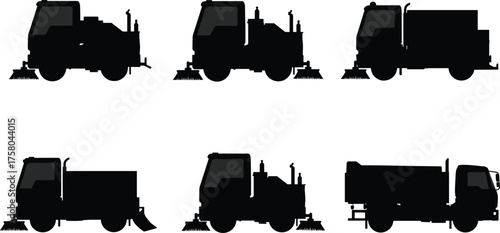  Street sweeper silhouette, urban cleaning vehicle icon, sanitation truck vector, road maintenance equipment, black and white utility machine, city service graphic
