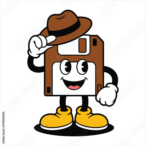 Cartoon Floppy Disk Character Wearing a Hat and Waving Keywords: floppy disk, computer, technology