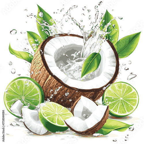 Fresh coconut water splashes amidst coconut pieces, lime slices, and green leaves, creating refreshing tropical vibe