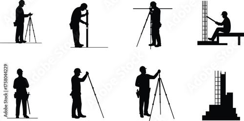  Surveying worker silhouettes, construction site equipment, tripod measurement tools, rebar structure building, black outline engineers, technical labor vector, infrastructure job illustration