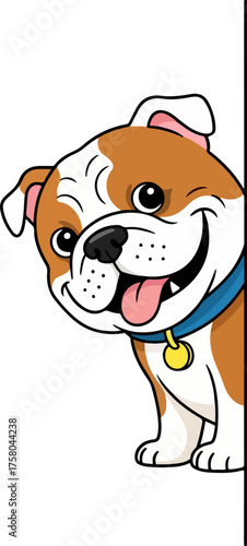 Vector art of cartoon bulldog with a blue collar peeking from behind a white wall