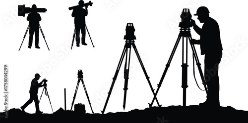  Surveyor silhouette, land measurement, tripod equipment, theodolite, total station, construction site, geospatial work, engineering illustration, black vector icon, outdoor survey scene