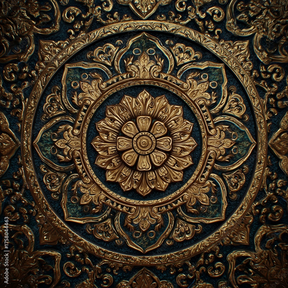 Fototapeta premium Luxurious Golden Floral Medallion with Ornate Patterns on Dark Teal Background