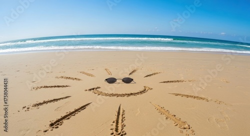 A simple sun-shaped drawing in the sand on a beach, with sunglasses in the center, smiling face.  Ocean waves in the background