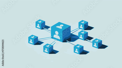 Abstract 3d network representation with connected blue cubes symbolizing a social network hub and nodes abstract technology concept