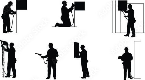  Technicians silhouettes installing and servicing panels, carrying screens, using hoses and tools, kneeling and standing, safety helmets, panel maintenance, inspection precision
