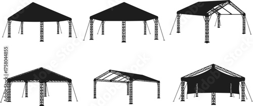 Tent silhouette vector, canopy structure icons, outdoor shelter designs, event pavilion shapes, temporary roof illustration, black and white architectural elements