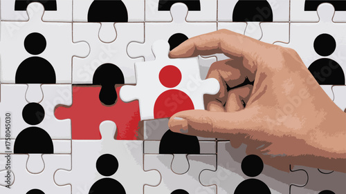 Hand placing a red puzzle piece representing a unique individual into a grid of diverse silhouettes signifying team building and human resources recruitment and selection.
