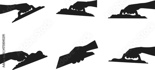 Trowel hand silhouette set, construction tool usage icons, black vector illustration, plastering and masonry graphics, manual labor visuals, surface finishing symbols