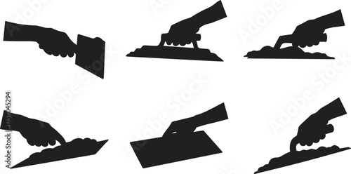  Trowel and hand silhouette set, construction tool icons, black vector illustration, plastering and masonry graphics, manual labor equipment, smoothing tool visuals