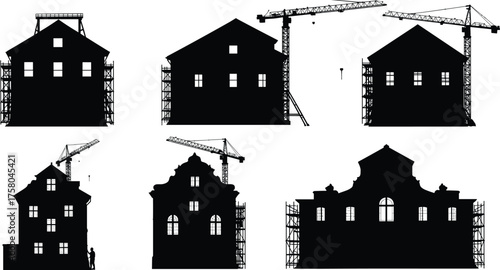 Urban construction silhouettes, scaffolding and cranes, building renovation stages, architectural development, city infrastructure, black vector icons, editable illustration for stock platforms