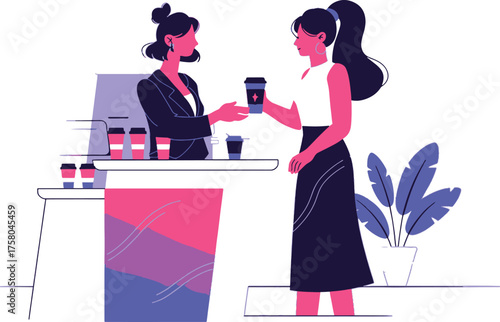 Minimalist graphic of two women interacting at a counter possibly a cafe or service point with plants and subtle color gradients