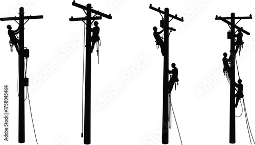  Utility workers climbing poles, linemen at heights performing maintenance, electrical infrastructure safety, harnessed technicians on crossarms, high-voltage line repair and inspection