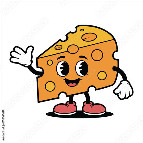 Cheerful Cartoon Slice of Swiss Cheese Character Waving Hello vector illustration