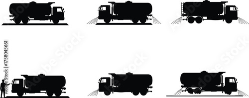 Water tanker truck silhouettes, spraying mechanisms, street cleaning vehicles, dust suppression, irrigation equipment, black vector illustration, editable stock content for infrastructure and utility