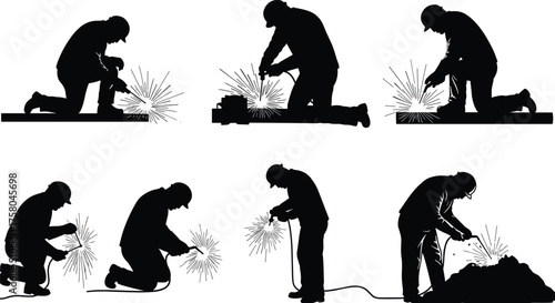  Welders silhouettes performing arc welding, MIG welding, TIG welding, spot welding, safety helmets, sparks flying, protective gear, workshop scenes, industrial precision
