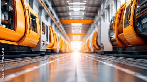 Spacious Industrial Train Workshop with Bright Yellow Trains Displayed in a Modern Setting