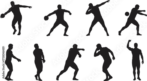 Silhouette discus throw athletes in dynamic poses, sports training sequence, track and field competition vector illustration for fitness, strength, motion design
