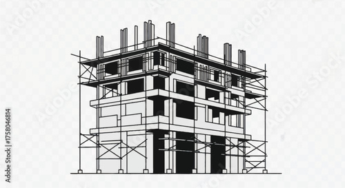 Construction of a multistory building with scaffolding and concrete structure.