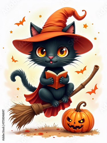 A cute black cat witch reading a magic spellbook while flying on a broomstick. Adorable and whimsical Halloween character with a jack-o'-lantern, isolated on a white background.