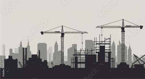 Construction site with cranes and buildings under development.