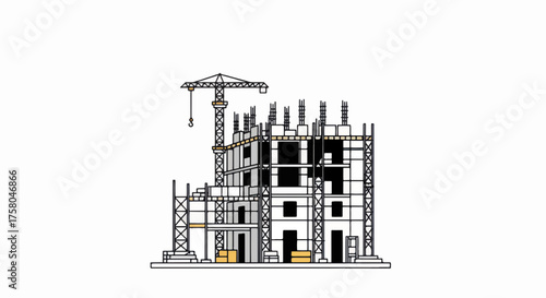Construction site with crane building a new structure with scaffolding and materials.