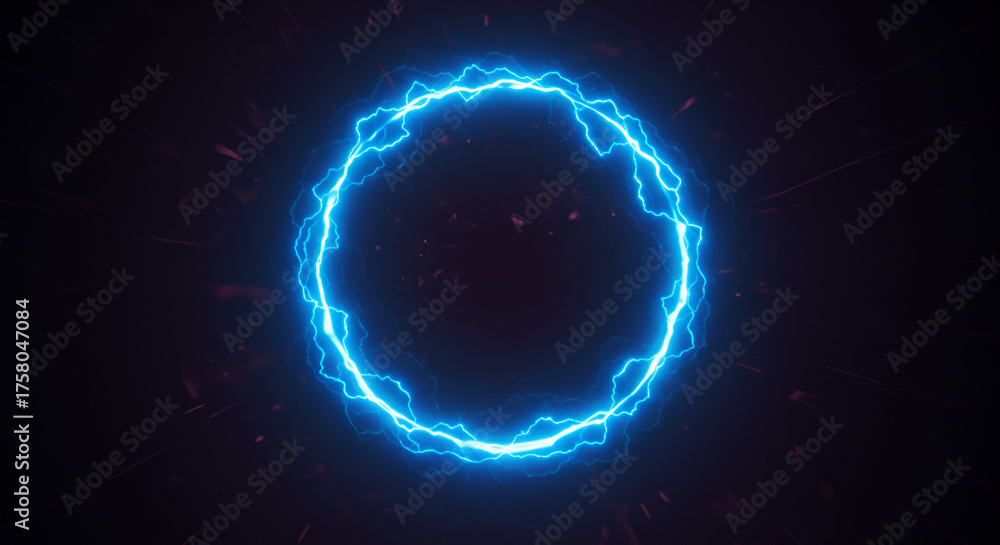 Obraz premium Electric blue circle with lightning effects and sparkling particles on dark background