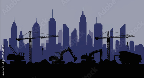 Silhouette of heavy machinery at a city construction site.