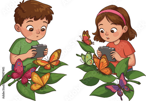 PrintCute kids taking photos of colorful butterflies on green leaves, nature photography learning for children, cartoon outdoor education illustration