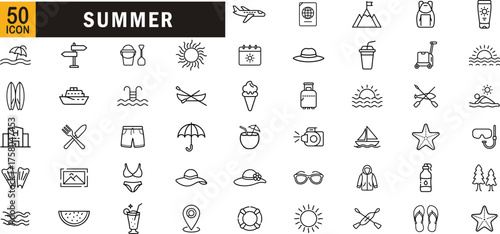 Summer editable outline icon set. Vacation, beach, travel, holiday, sunshine, adventure and more.