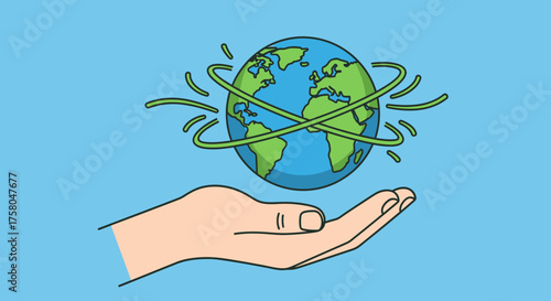 Animated Flat Vector Icon of Planet Earth in Eco Clean Design, Hand Holding Globe, Nature Conservation, Environmental Illustration, Soft Motion Loop Concept