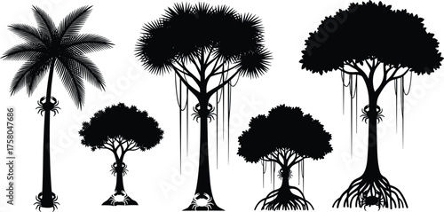 Tree silhouette vector illustration, surreal forest design with spiders and unique canopy patterns, abstract botanical art, decorative nature elements, creative fantasy inspiration concept