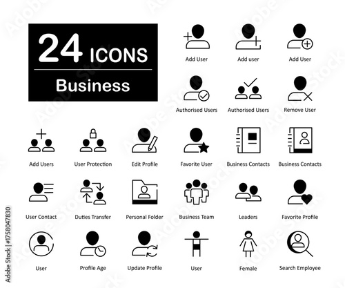 A set of 24 icons as add user, authoried user, remove user