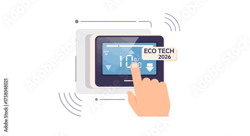 Animated Flat Vector Icon of Hand Touching Eco Tech Thermostat, Smart Home Minimal Technology, Interior, Flat 2D Viewpoint Concept